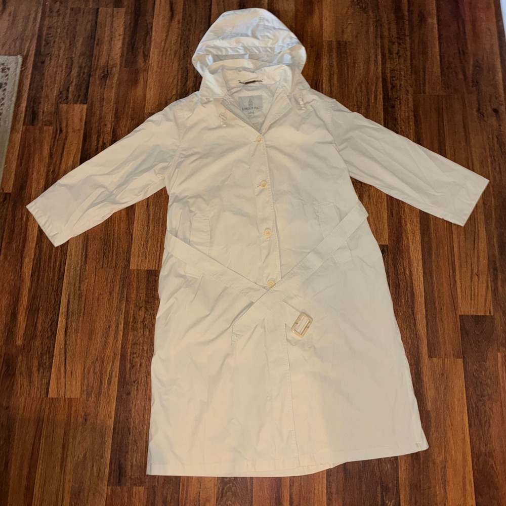 London Fog Womens 14P Cream Trench Coat Hooded Belted Rain Jacket Petite